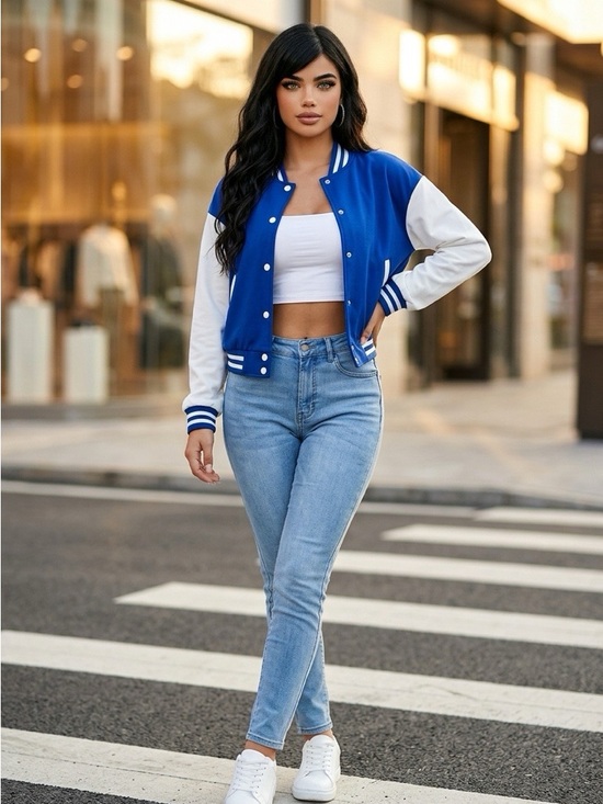 Jackets & Blazers - Blue & White Light Weight Cropped Varsity Jacket Snap Front Bomber